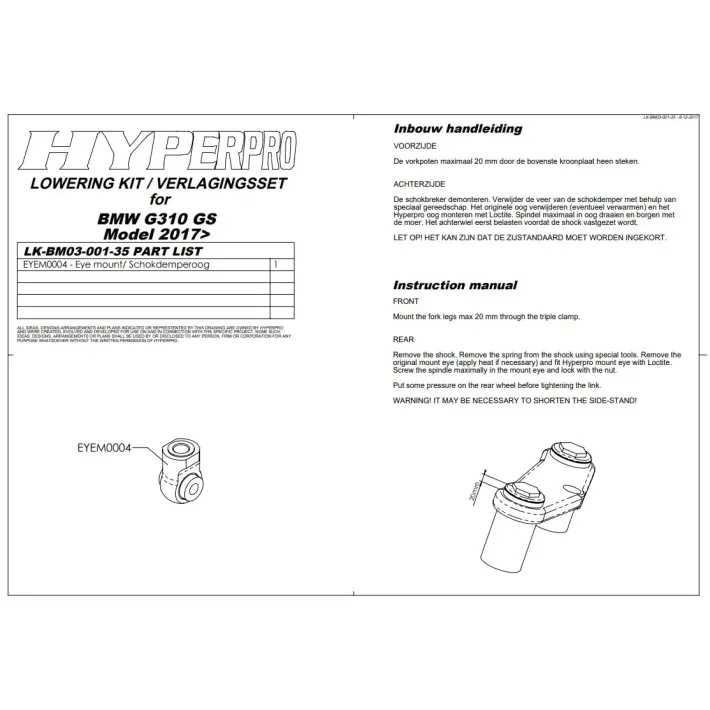 KIT REBAIXAMENTO AMORTECEDOR TRASEIRO HYPERPRO -35MM BMW G 310GS - LK-BM03-001-35