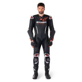 Fato Alpinestars GP-R7 Pele - 1 Peça — Preto Branco Vermelho Fluo