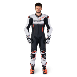 Fato Alpinestars GP-R7 Pele - 1 Peça — Branco Preto Vermelho Fluo