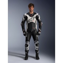 Fato Alpinestars Gp Plus V4 Sprint Pele - 1 Peça — Preto Branco Vermelho Fluo