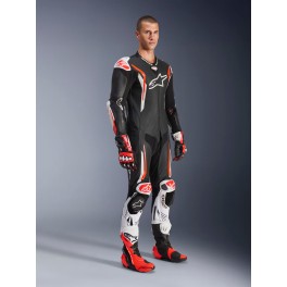 Fato Alpinestars GP Tech V5 Pele - 1 Peça — Preto Branco Vermelho Fluo