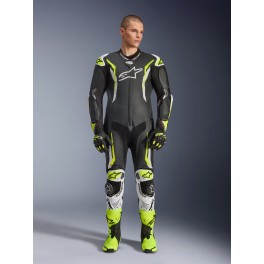 Fato Alpinestars GP Tech V5 Pele - 1 Peça — Preto Branco Amarelo Fluo