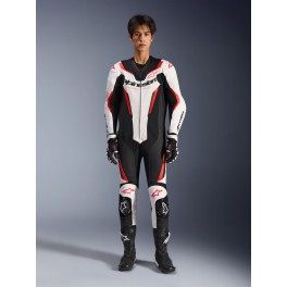 Fato Alpinestars GP Force V2 Pele - 1 Peça — Branco Preto Vermelho Fluo