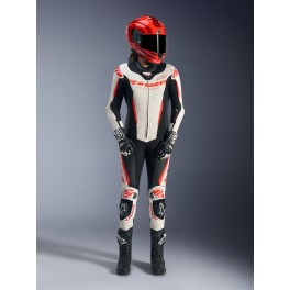 Fato Alpinestars Stella GP-R7 Pele - 1 Peça — Branco Preto Vermelho Fluo
