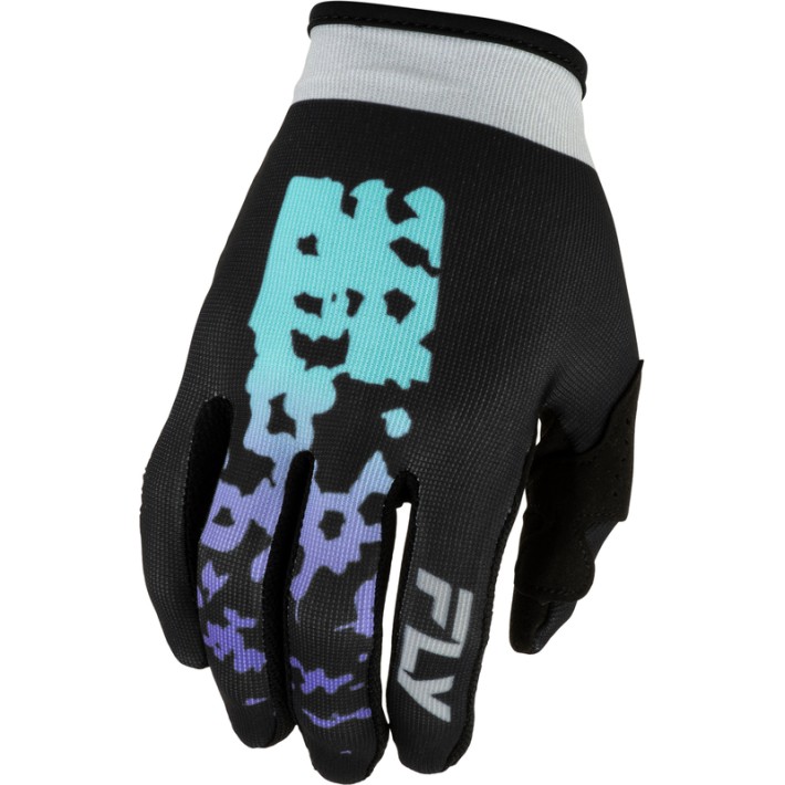 Luvas juvenis FLY Racing Lite Flake – Preto/Cinza/Multi — coleção 2027