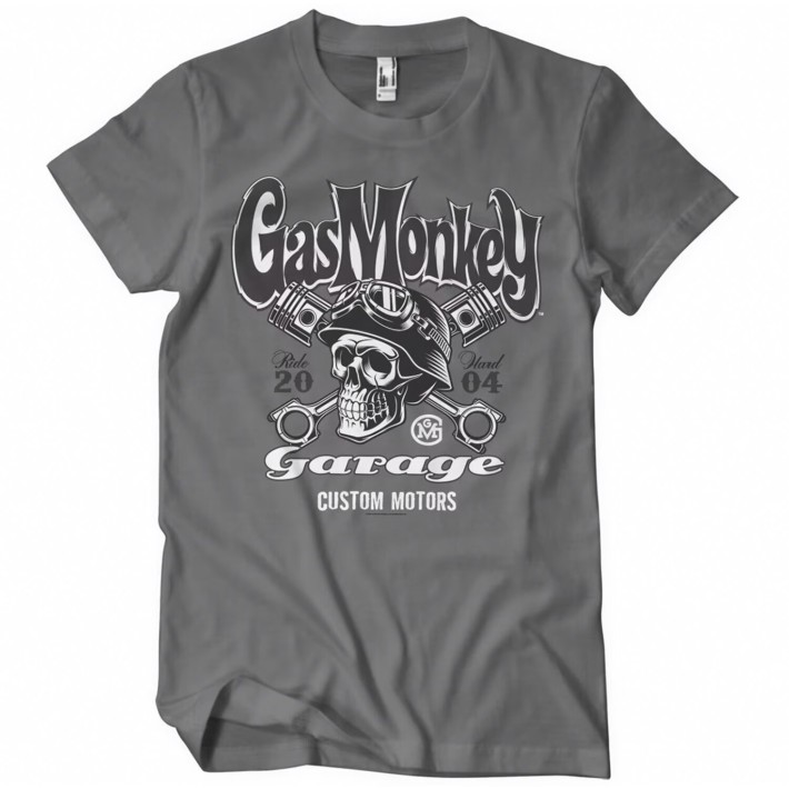 T-shirt Gas Monkeys Garage Custom motors skull — cinzento escuro
