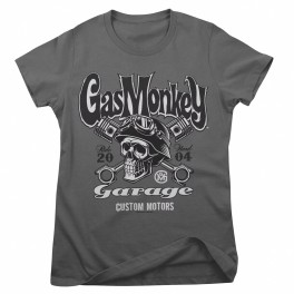 T-shirt de senhora Gas Monkeys Garage Custom motors skull — cinzento escuro