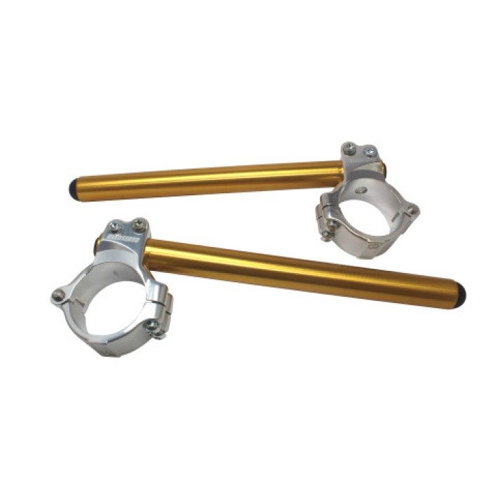 Avanços de guiador Accossato CP003 — cor do tubo: Dourado; diâmetro da forquilha: 51 mm; cor da abraçadeira: Prateado; comprimento do tubo: 280 mm; tipo de tubo: Sem tampões